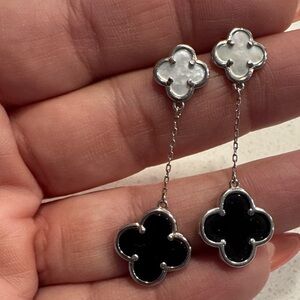 Crossover Black & White Clover Drop Earrings - Silver-Tone